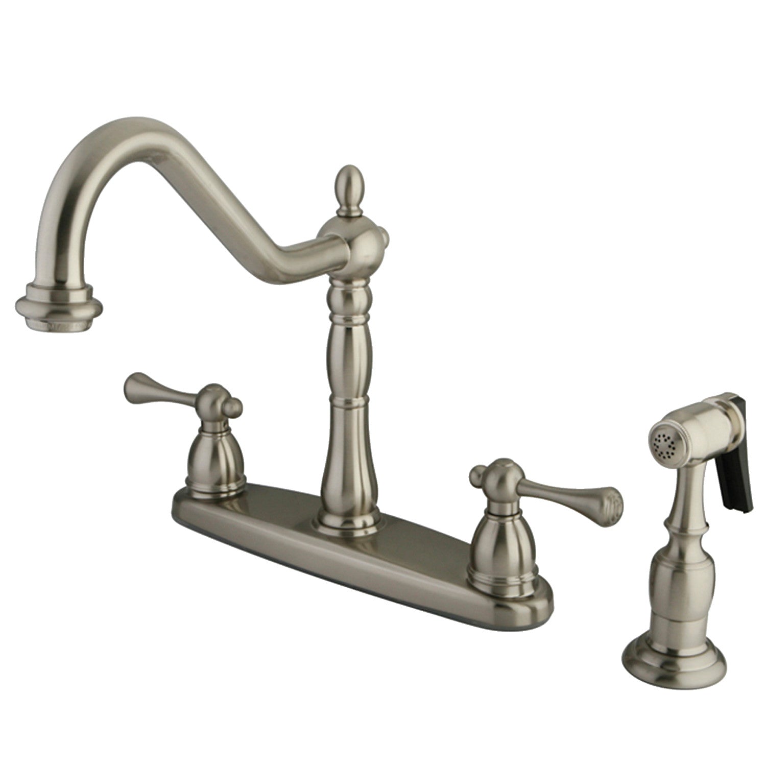Kingston Heirloom KB7758BLBS - English Vintage Two-Handle 4-Hole 8" Centerset Kitchen Faucet with Brass Sprayer, Brushed Nickel — image 1